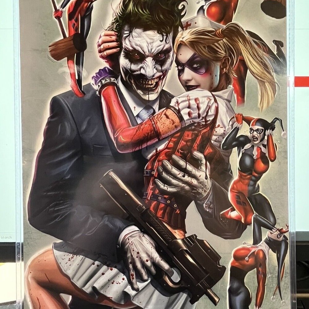 Big! GREG HORN Pin-up “Harley Quinn & Joker” Batman Signed 11x17 Print Autograph